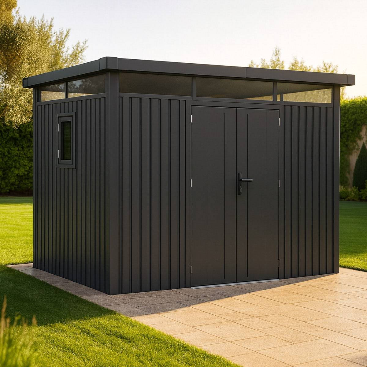 Abri de jardin métal anthracite 7.45m² toit plat + kit d'ancrage - Image 1