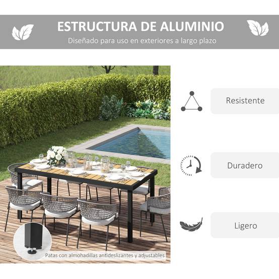 Table de Jardin 8 Places en Aluminium 190 x 90 x 74 cm, Plateau à Lattes, Terrasse/Balcon, Naturel et Noir - Image 7