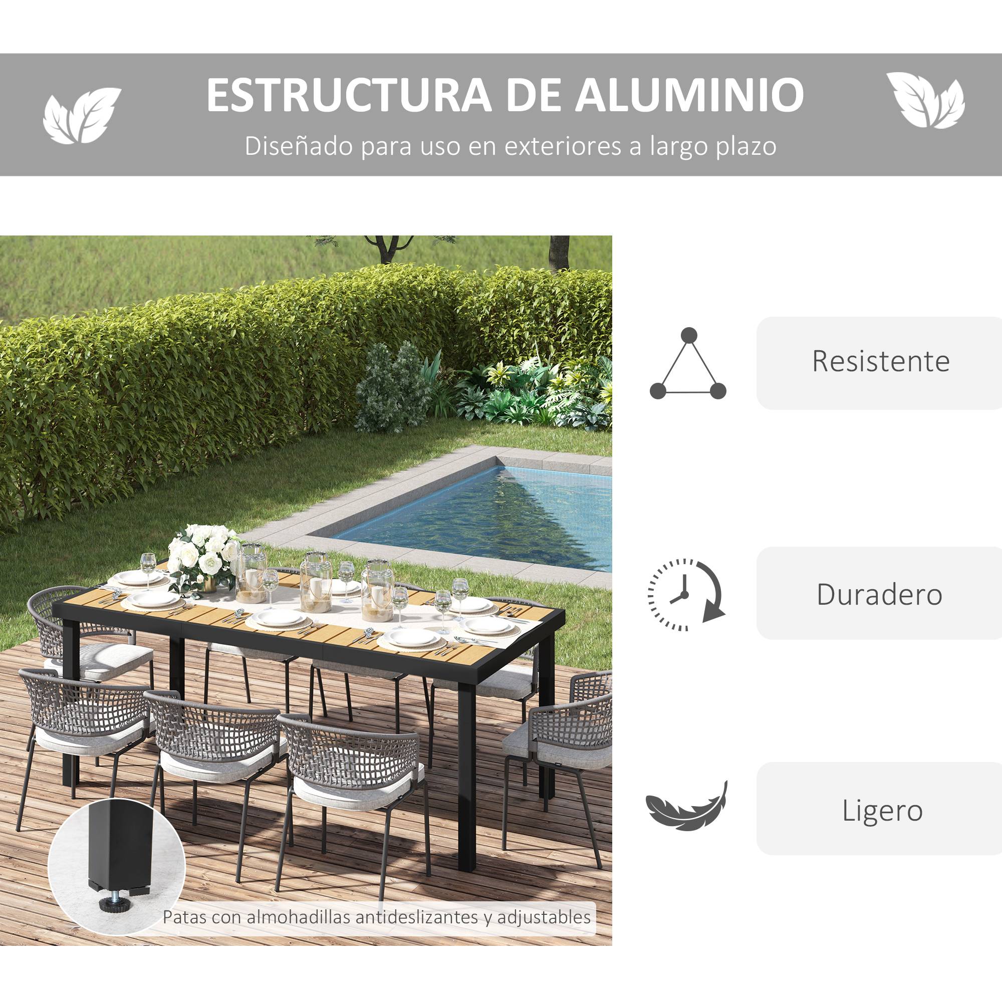 Table de Jardin 8 Places en Aluminium 190 x 90 x 74 cm, Plateau à Lattes, Terrasse/Balcon, Naturel et Noir - Image 7