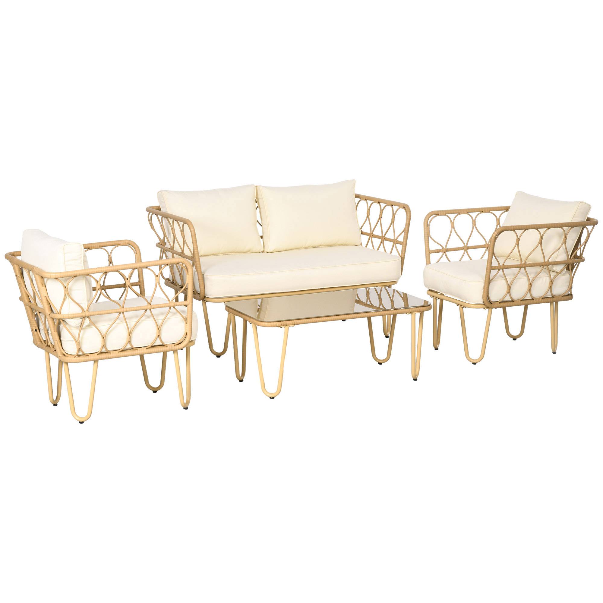 Outsunny - Salon de jardin 4 places 4 pièces style colonial résine tressée aspect rotin coussins écrus - Outsunny - Image 1