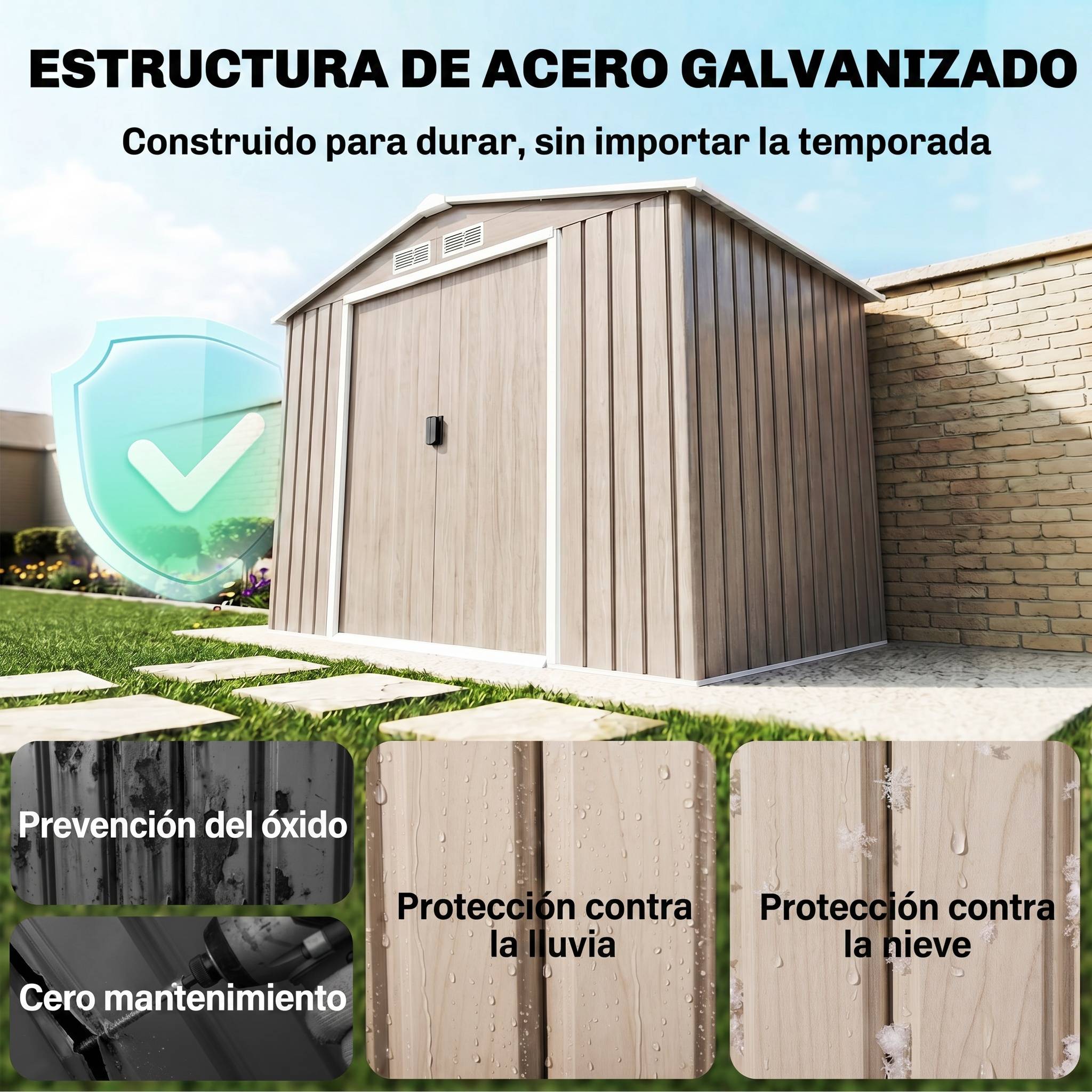 Abri de jardin de 2,42 m² (213 x 130 x 185 cm) avec 2 portes coulissantes, toit en pente et 4 fenêtres imitation bois - Image 6