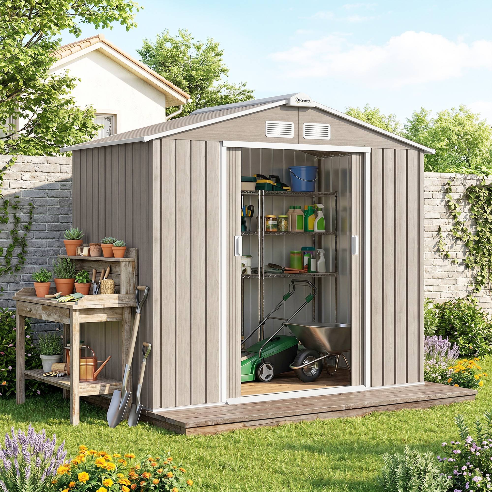 Abri de jardin de 2,42 m² (213 x 130 x 185 cm) avec 2 portes coulissantes, toit en pente et 4 fenêtres imitation bois - Image 4