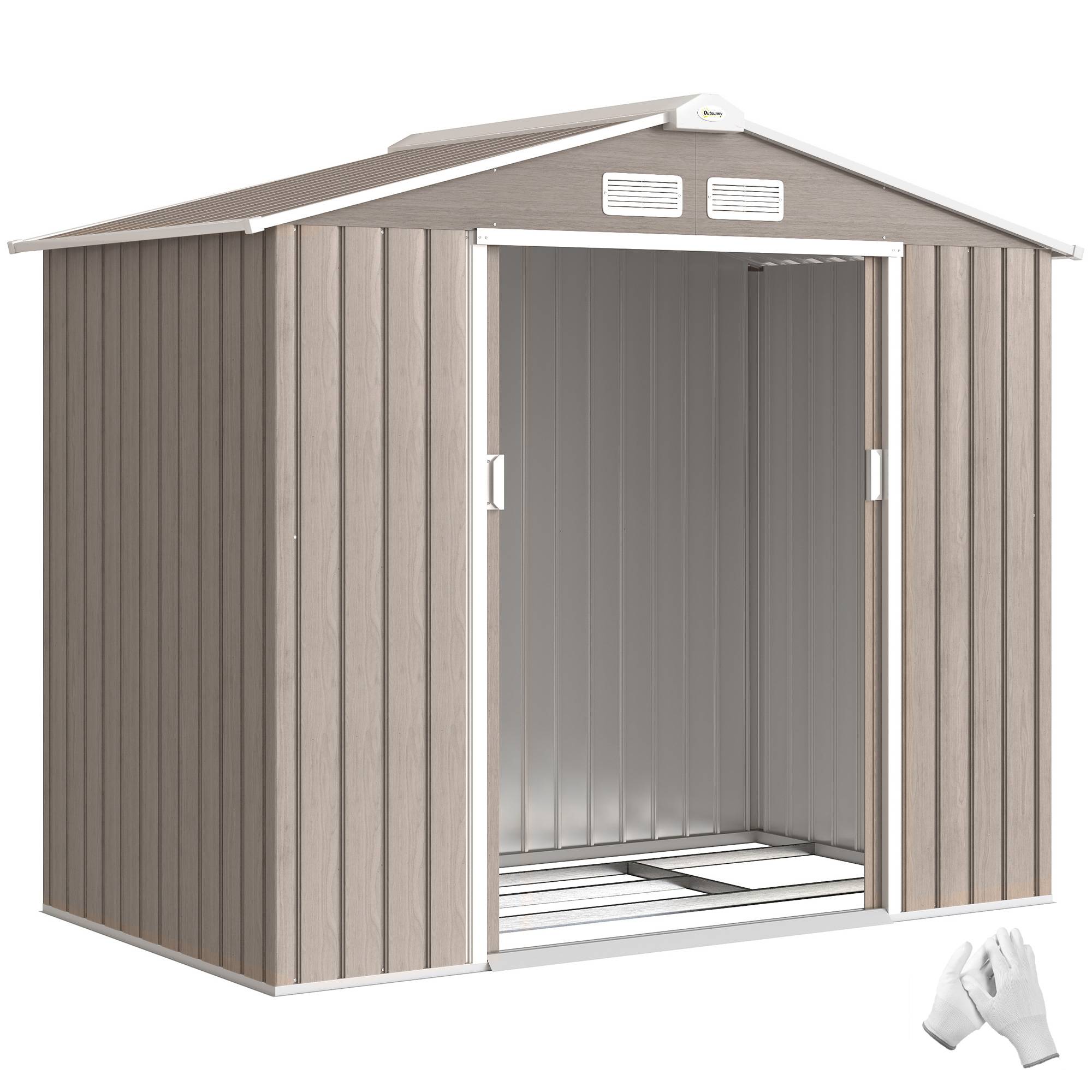 Abri de jardin de 2,42 m² (213 x 130 x 185 cm) avec 2 portes coulissantes, toit en pente et 4 fenêtres imitation bois - Image 1