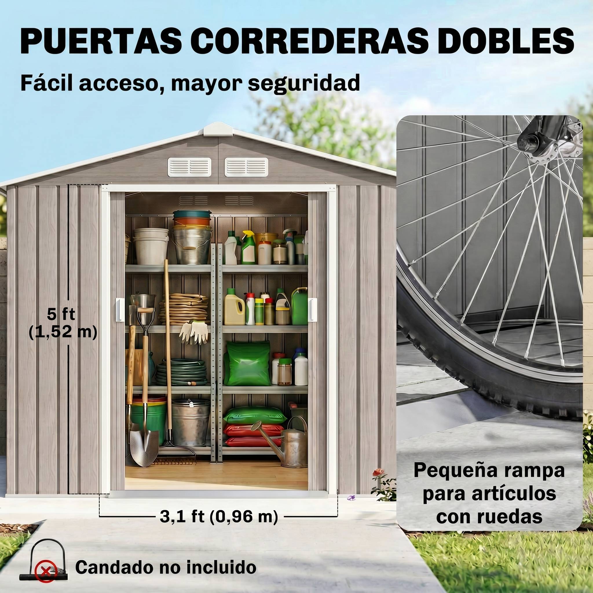 Abri de jardin de 2,42 m² (213 x 130 x 185 cm) avec 2 portes coulissantes, toit en pente et 4 fenêtres imitation bois - Image 7
