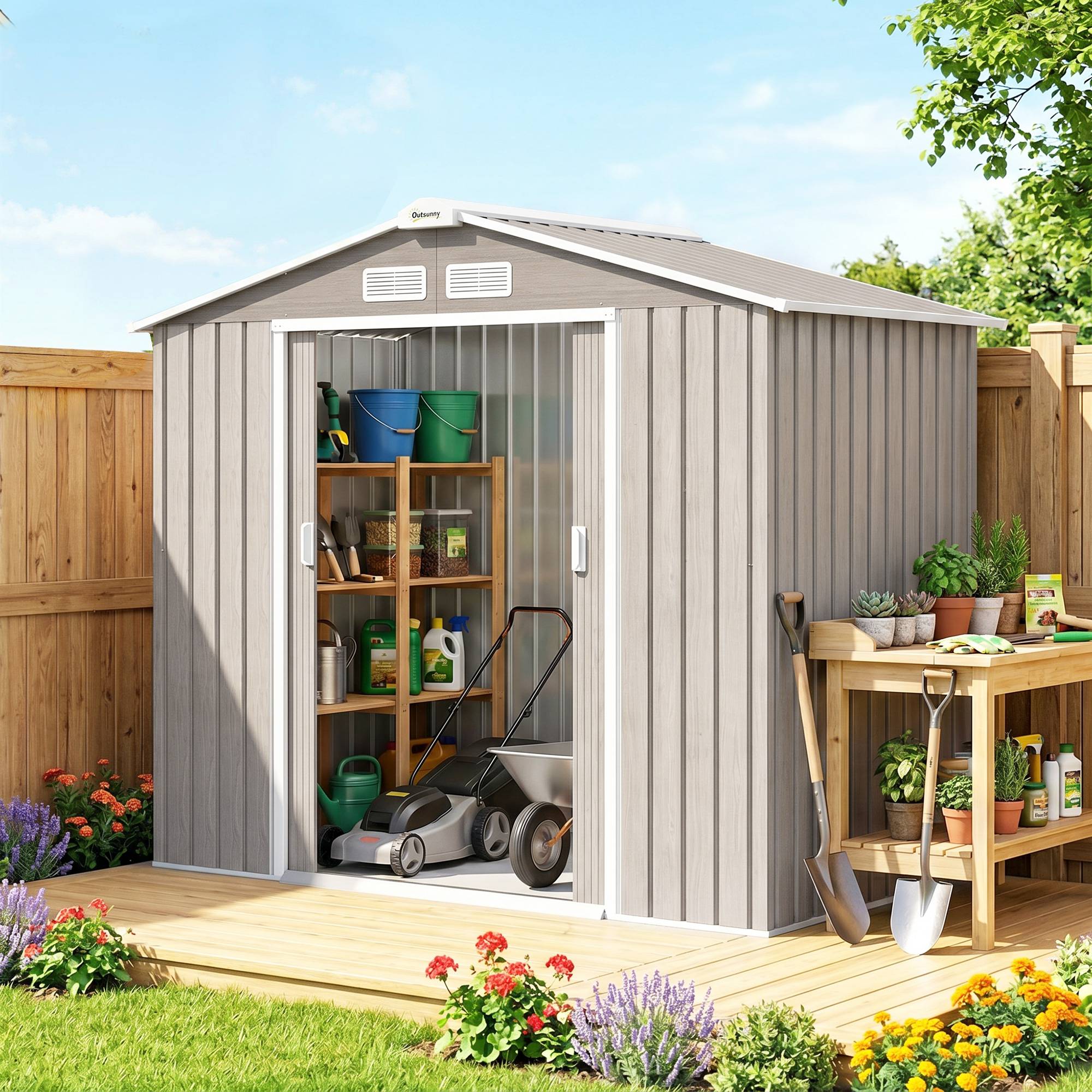 Abri de jardin de 2,42 m² (213 x 130 x 185 cm) avec 2 portes coulissantes, toit en pente et 4 fenêtres imitation bois - Image 3