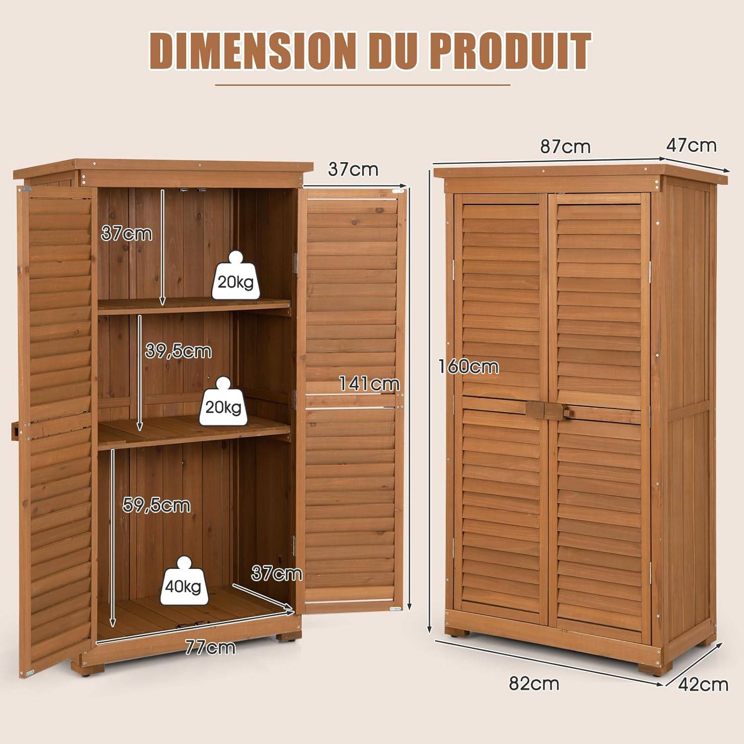 Armoire de jardin/Abri de Jardin en Bois 160 Cm,Toit en Asphalte, Imperméable,3 Étagères Amovibles - Image 4