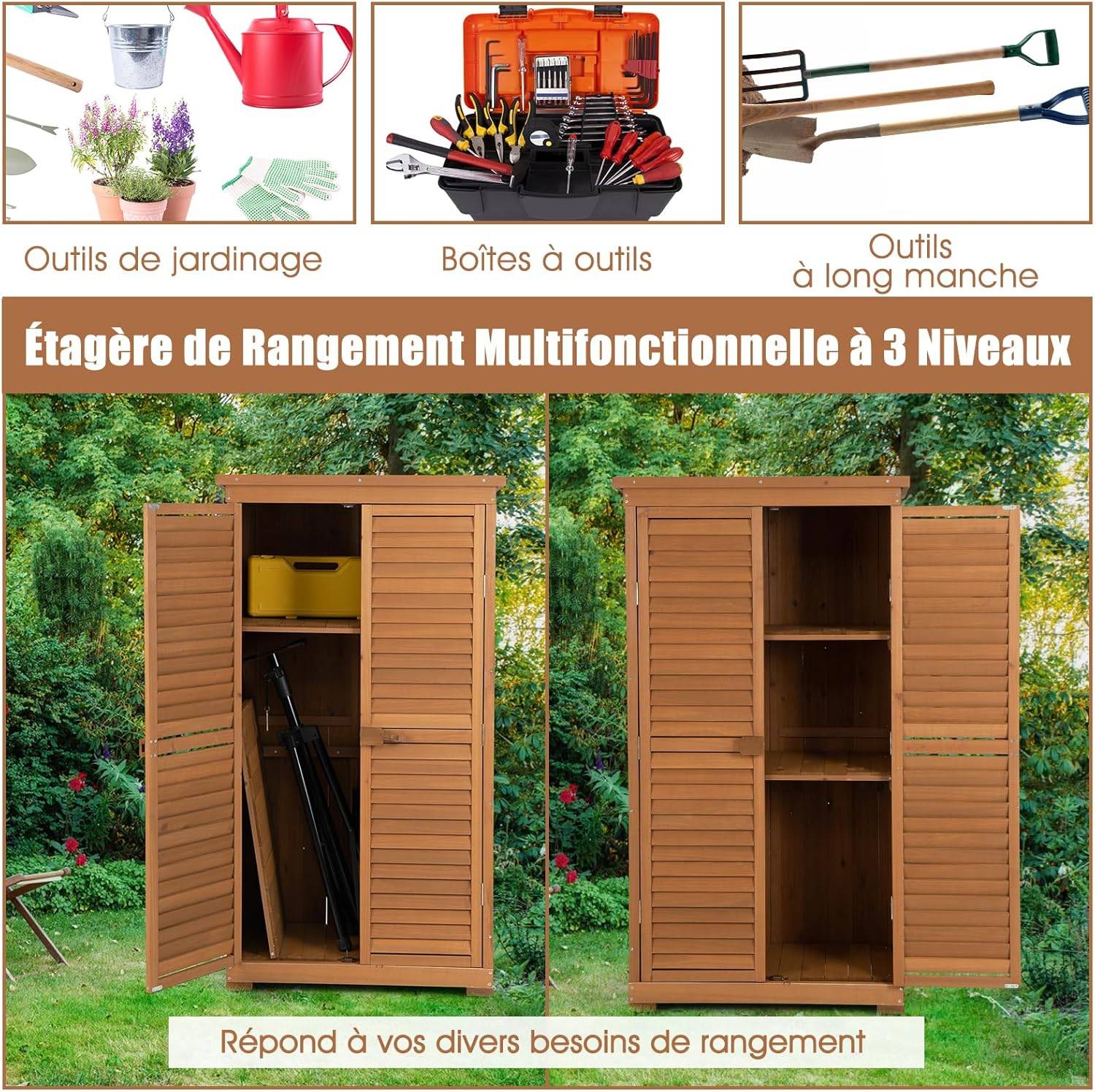 Armoire de jardin/Abri de Jardin en Bois 160 Cm,Toit en Asphalte, Imperméable,3 Étagères Amovibles - Image 7