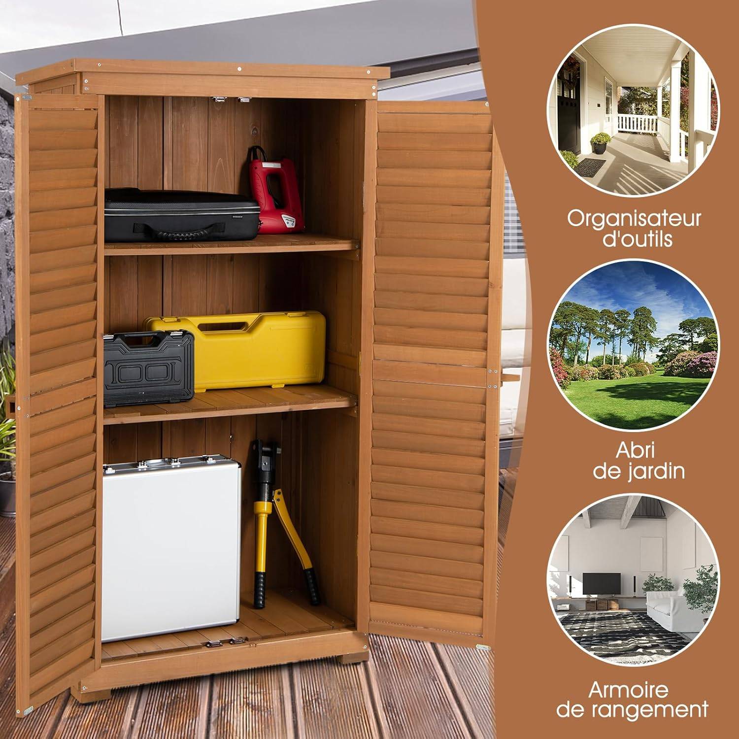 Armoire de jardin/Abri de Jardin en Bois 160 Cm,Toit en Asphalte, Imperméable,3 Étagères Amovibles - Image 2