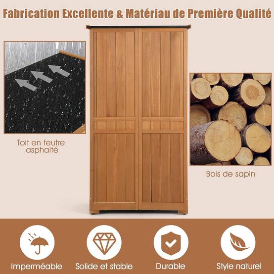 Armoire de jardin/Abri de Jardin en Bois 160 Cm,Toit en Asphalte, Imperméable,3 Étagères Amovibles - Image 5