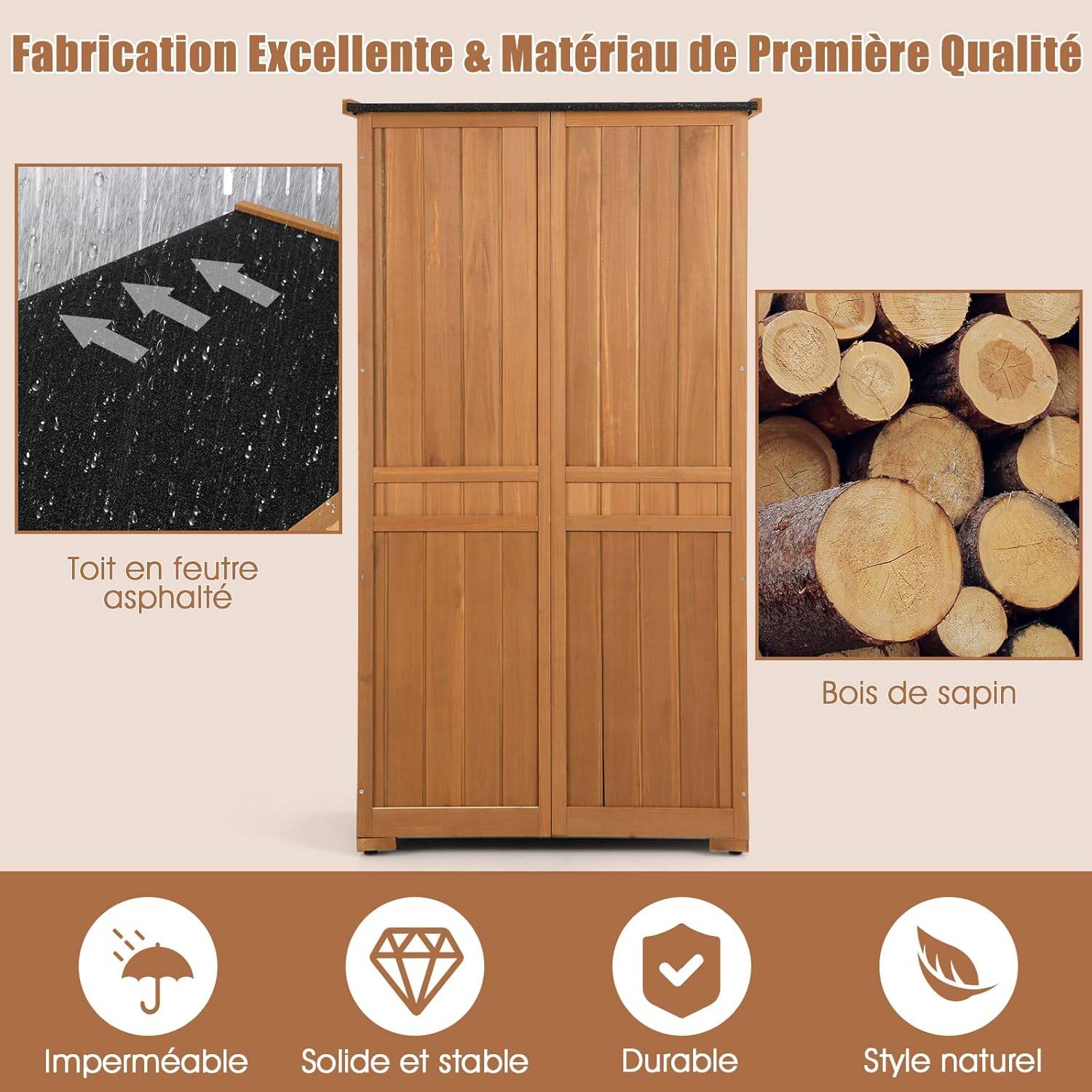 Armoire de jardin/Abri de Jardin en Bois 160 Cm,Toit en Asphalte, Imperméable,3 Étagères Amovibles - Image 5