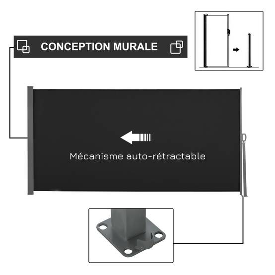 Store latéral rétractable métal polyester noir 300 x 0.01 x 160 cm - PANGIVO - Image 6