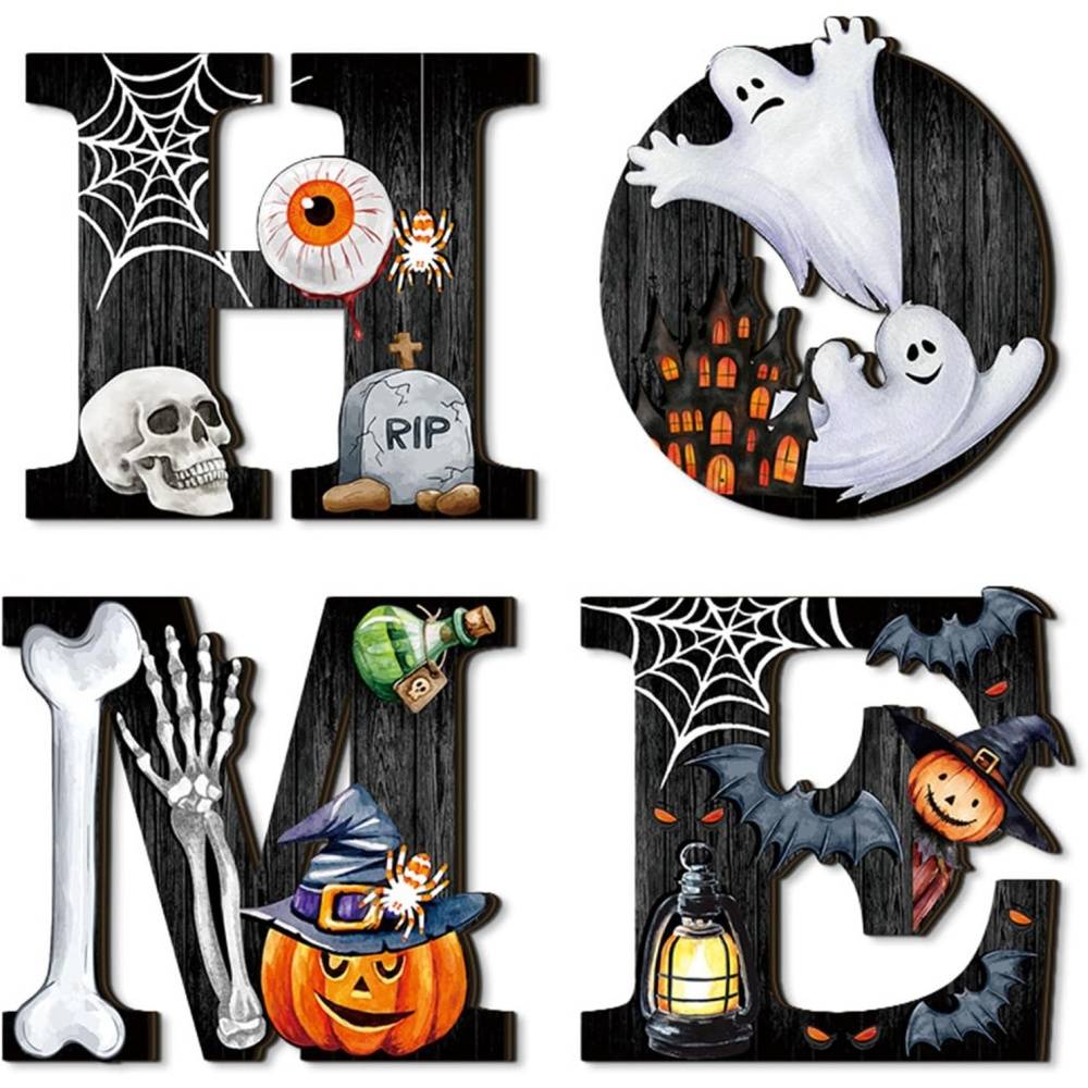 Décoration de jardin-Décorer-Décor Murale Halloween Lettres HOME Bois Fantôme Citrouille Crâne Décoration - Living123 - Image 1
