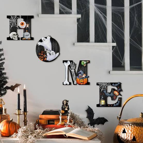 Décoration de jardin-Décorer-Décor Murale Halloween Lettres HOME Bois Fantôme Citrouille Crâne Décoration - Living123 - Image 2