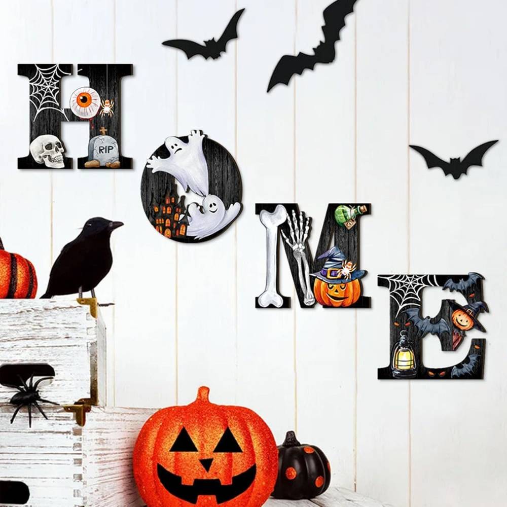 Décoration de jardin-Décorer-Décor Murale Halloween Lettres HOME Bois Fantôme Citrouille Crâne Décoration - Living123 - Image 3
