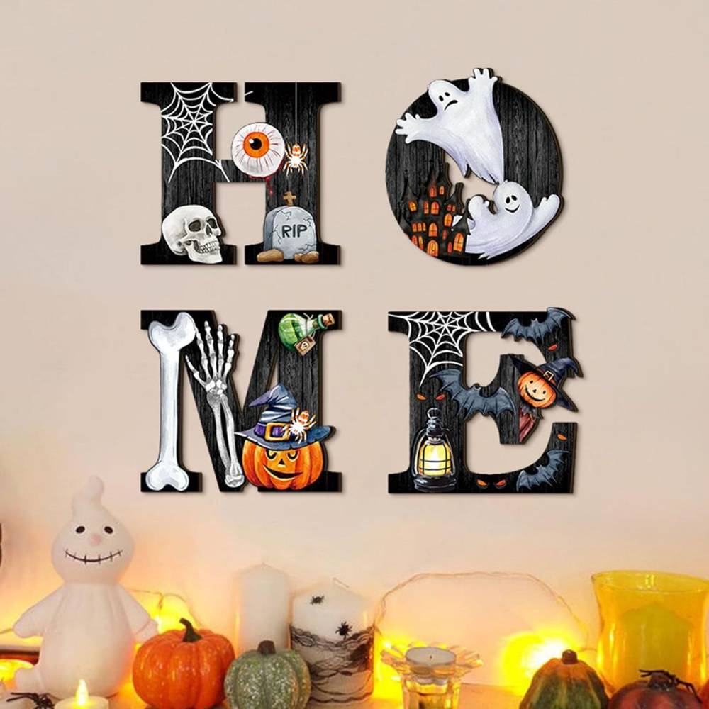 Décoration de jardin-Décorer-Décor Murale Halloween Lettres HOME Bois Fantôme Citrouille Crâne Décoration - Living123 - Image 5