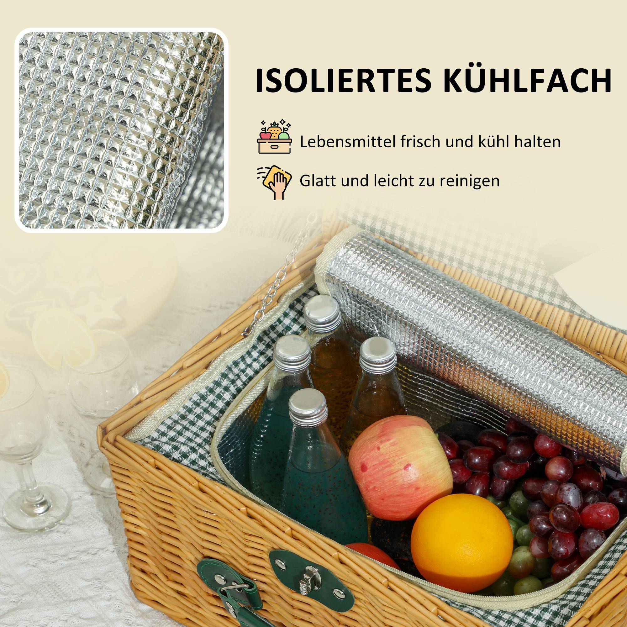Panier Pique-Nique Osier 2 Personnes Compartiment Isotherme 40x30x20cm Marron - ComfortXL Outdoor Living - Image 7