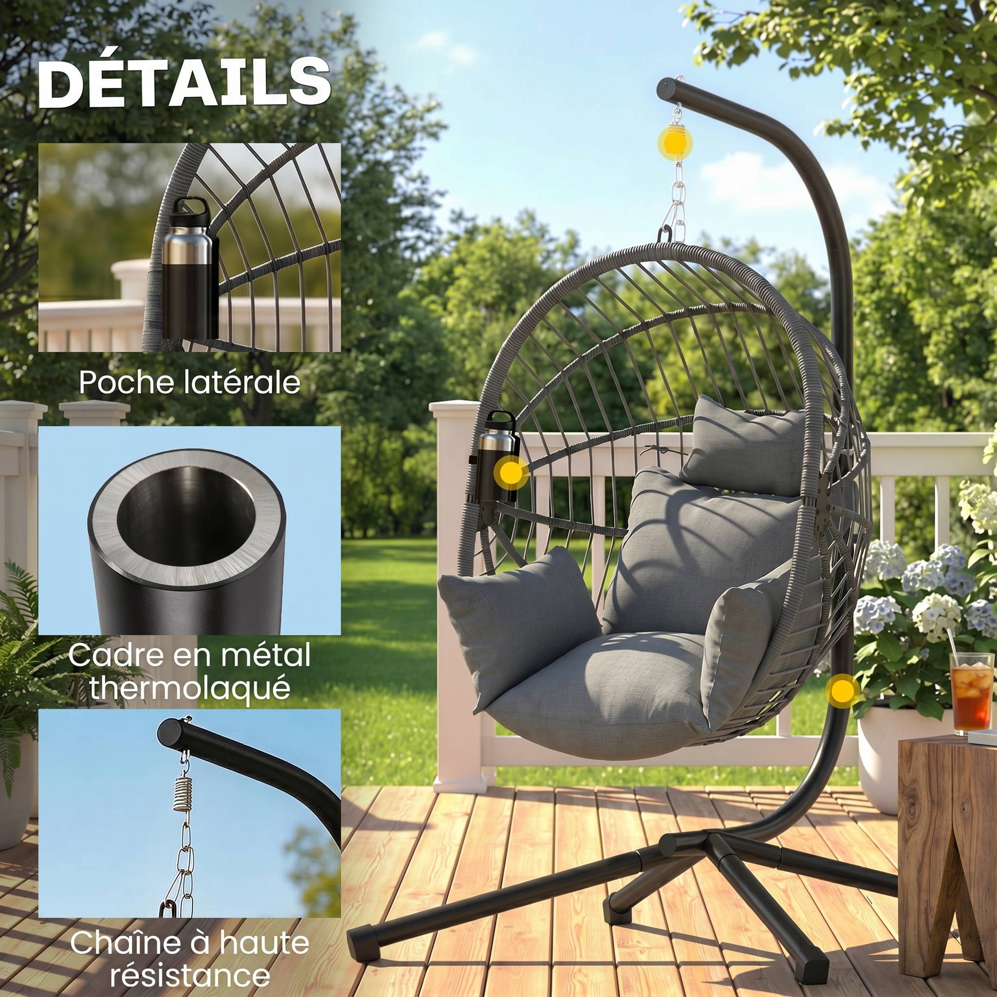 Fauteuil œuf suspendu acier jardin et balcon panier pliable coussin épais rembourré gris - ComfortXL Outdoor Living - Image 9