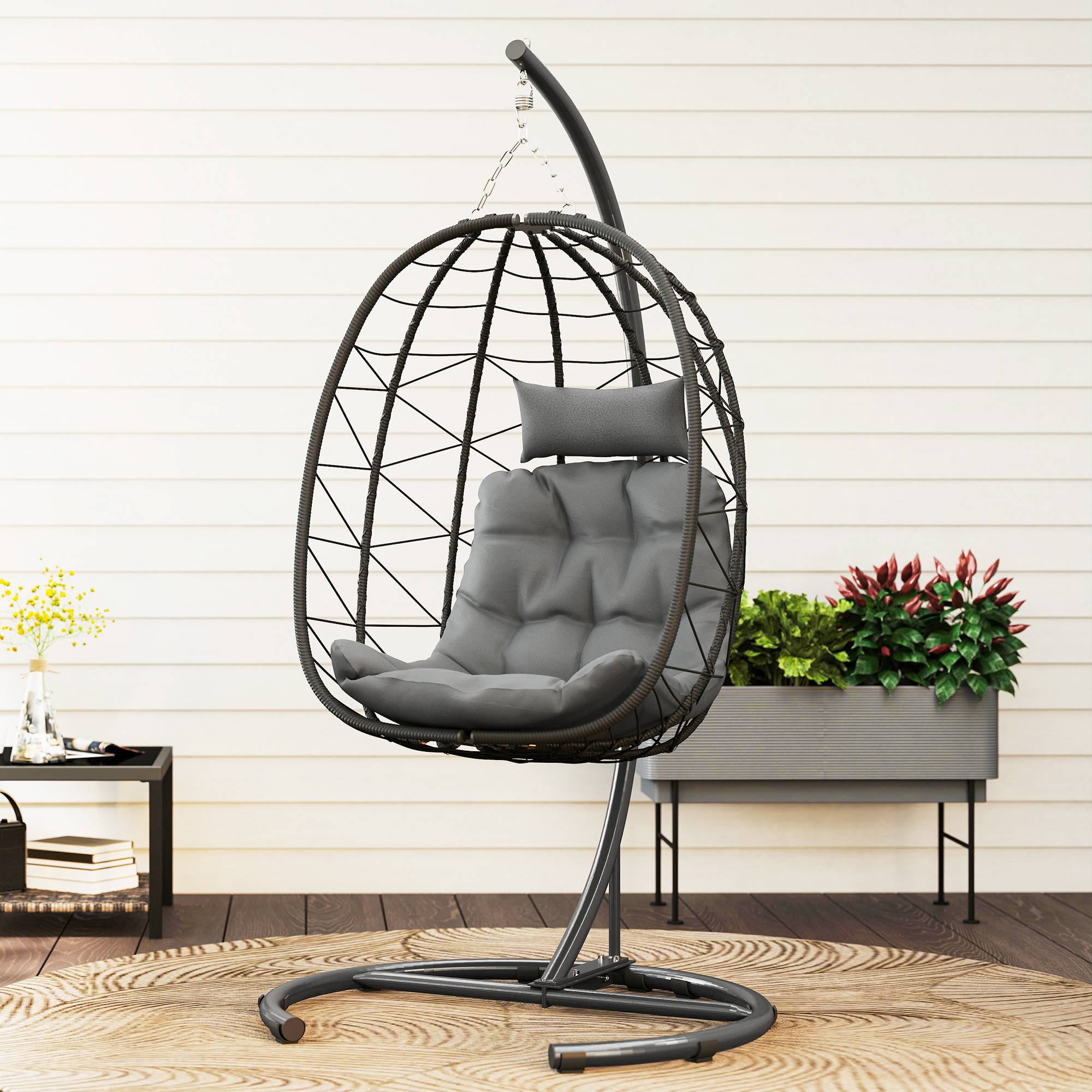 ComfortXL - Fauteuil suspendu résine tressée noir 102 x 102 x 195 cm jardin balcon avec coussins et panier pliable - Image 9
