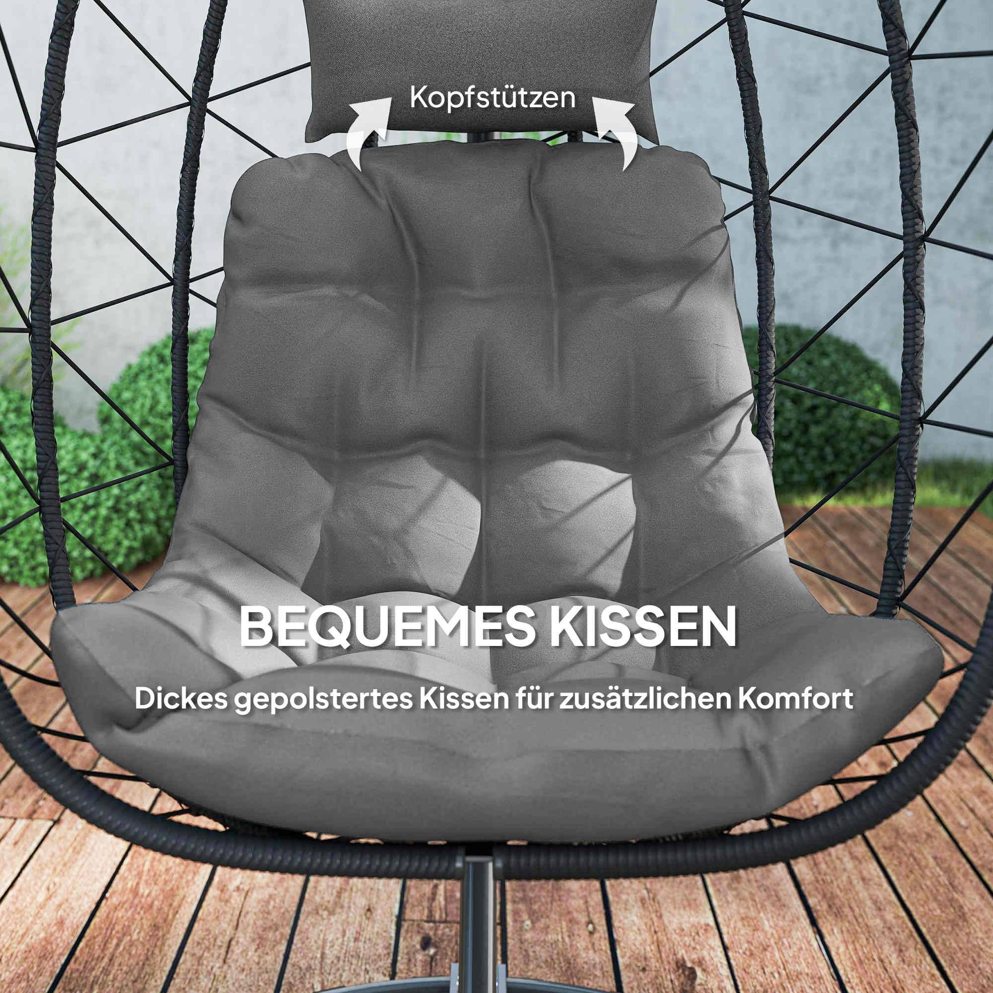 ComfortXL - Fauteuil suspendu résine tressée noir 102 x 102 x 195 cm jardin balcon avec coussins et panier pliable - Image 6