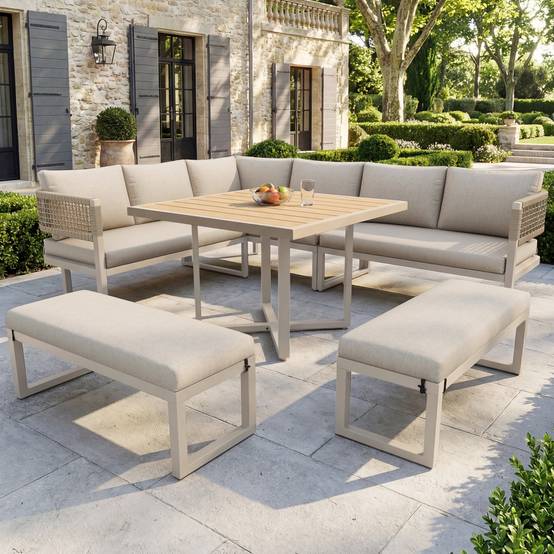 Ensemble de jardin pour 8 à 10 personnes, comprenant une grande table à manger en plastique et bois avec des détails en corde, beige - Image 2