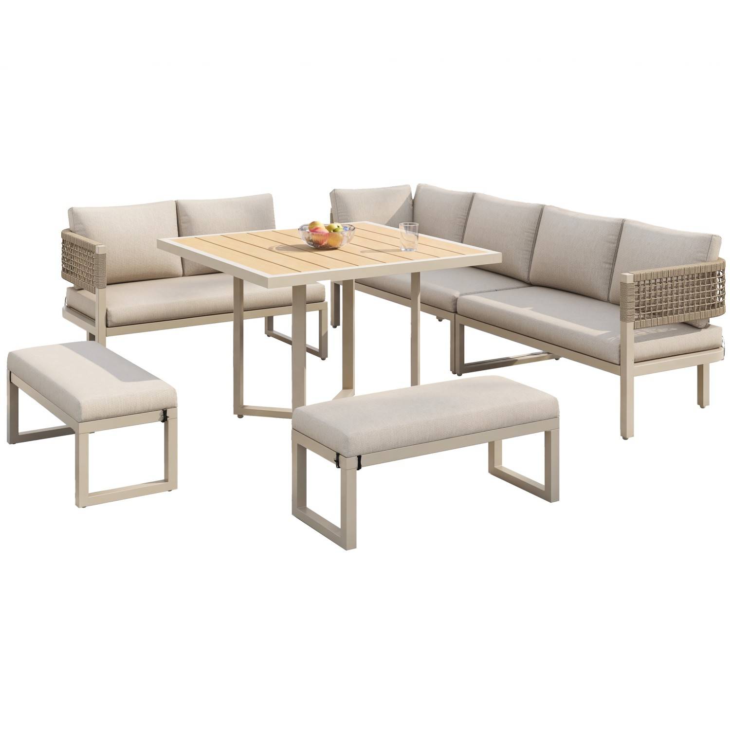 Ensemble de jardin pour 8 à 10 personnes, comprenant une grande table à manger en plastique et bois avec des détails en corde, beige - Image 5