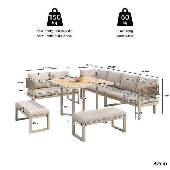 Ensemble de jardin pour 8 à 10 personnes, comprenant une grande table à manger en plastique et bois avec des détails en corde, beige - Image 4