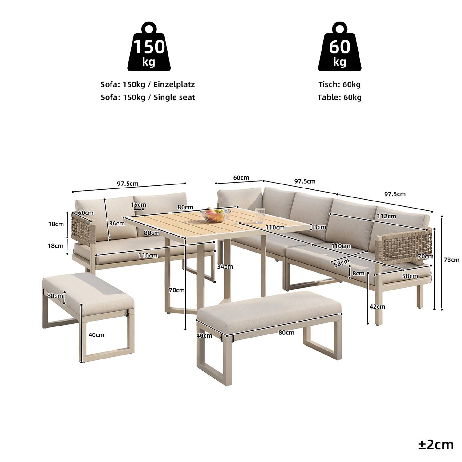 Ensemble de jardin pour 8 à 10 personnes, comprenant une grande table à manger en plastique et bois avec des détails en corde, beige - Image 4