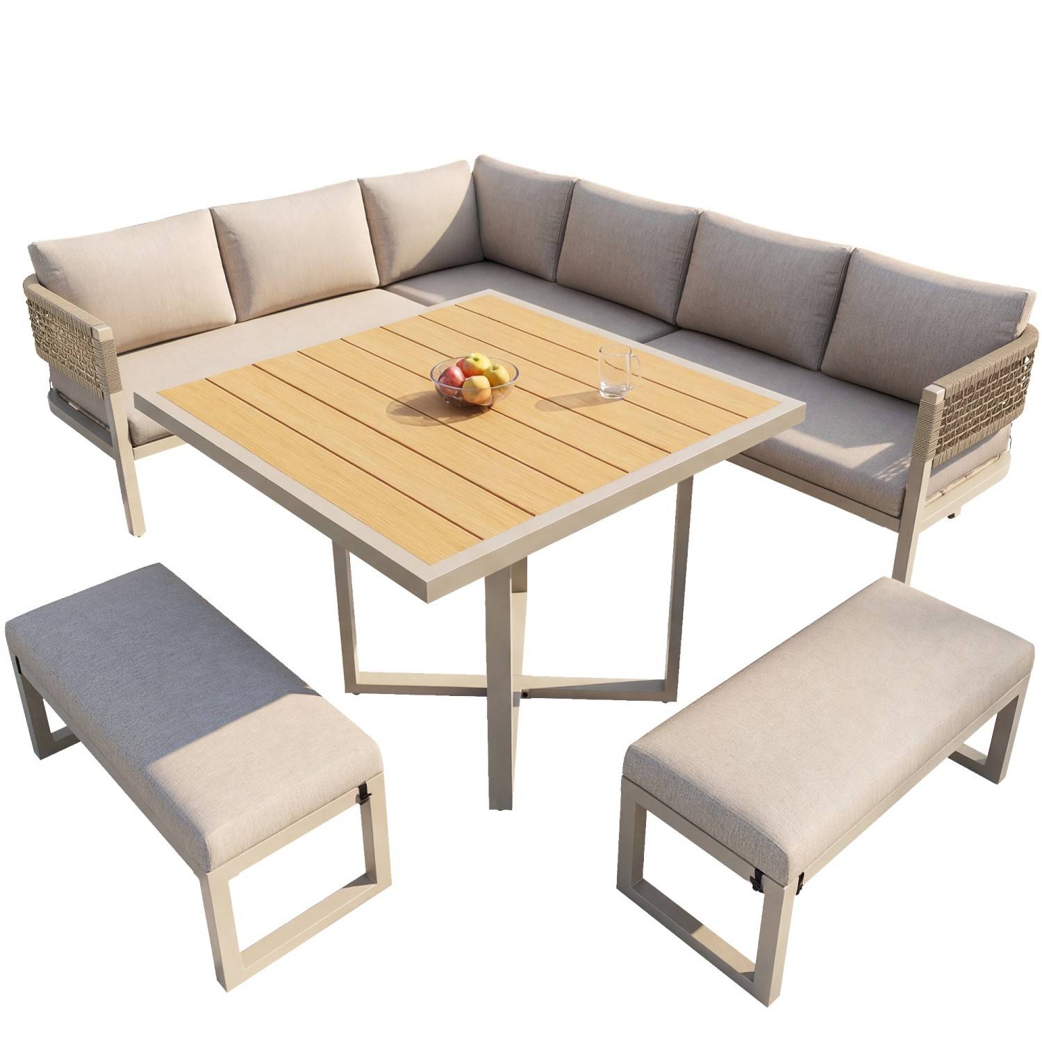 Ensemble de jardin pour 8 à 10 personnes, comprenant une grande table à manger en plastique et bois avec des détails en corde, beige - Image 6