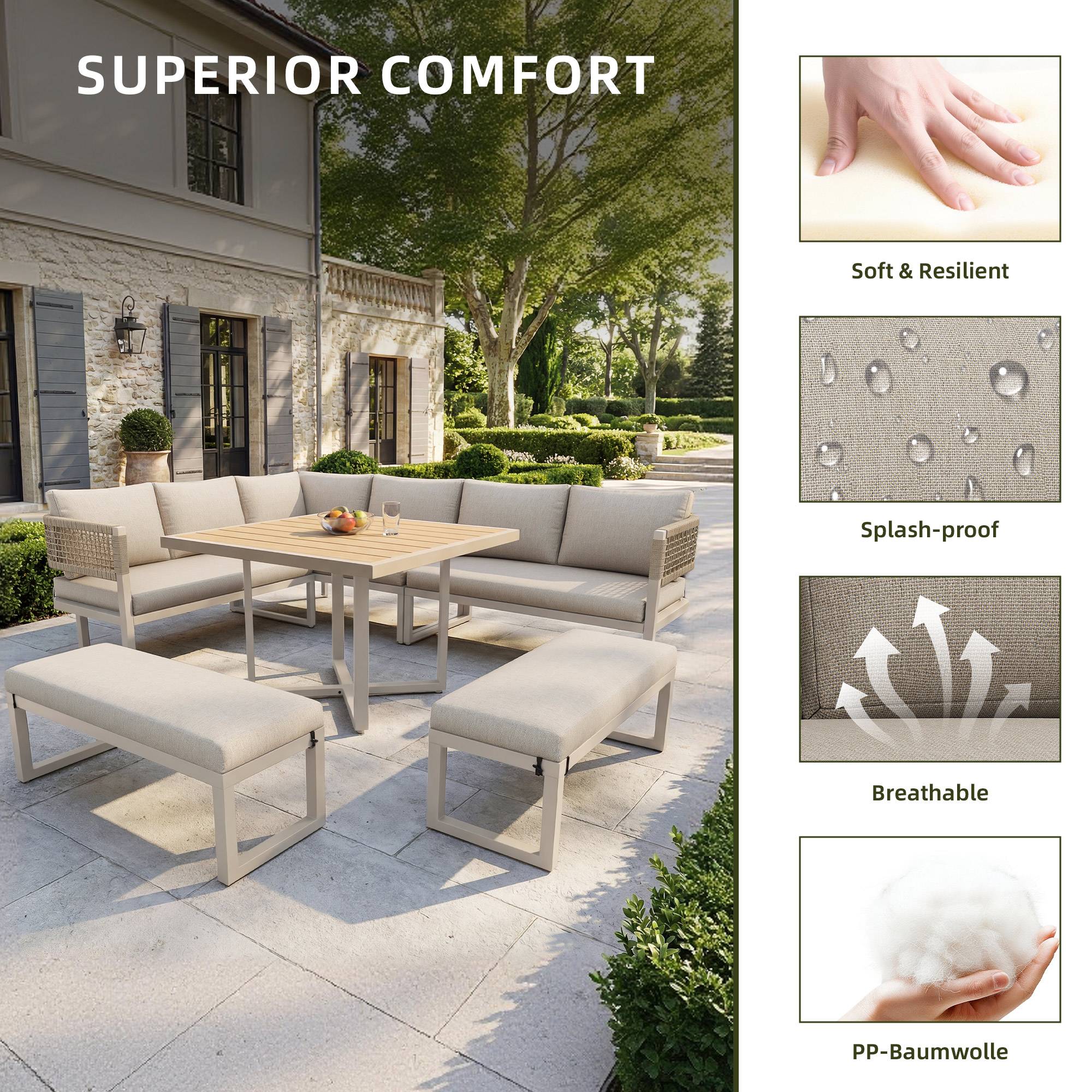 Ensemble de jardin pour 8 à 10 personnes, comprenant une grande table à manger en plastique et bois avec des détails en corde, beige - Image 8