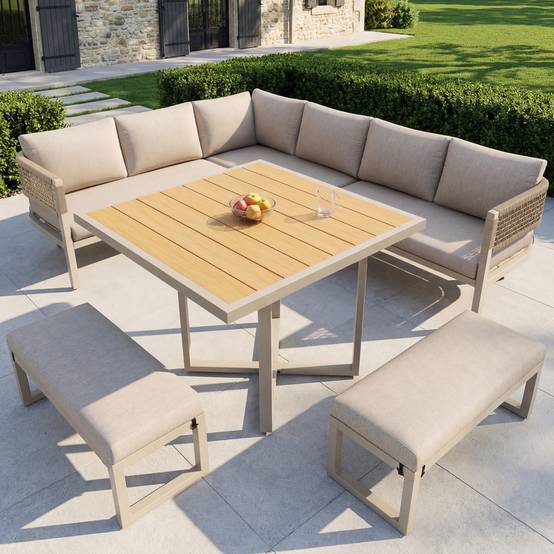 Ensemble de jardin pour 8 à 10 personnes, comprenant une grande table à manger en plastique et bois avec des détails en corde, beige - Image 3