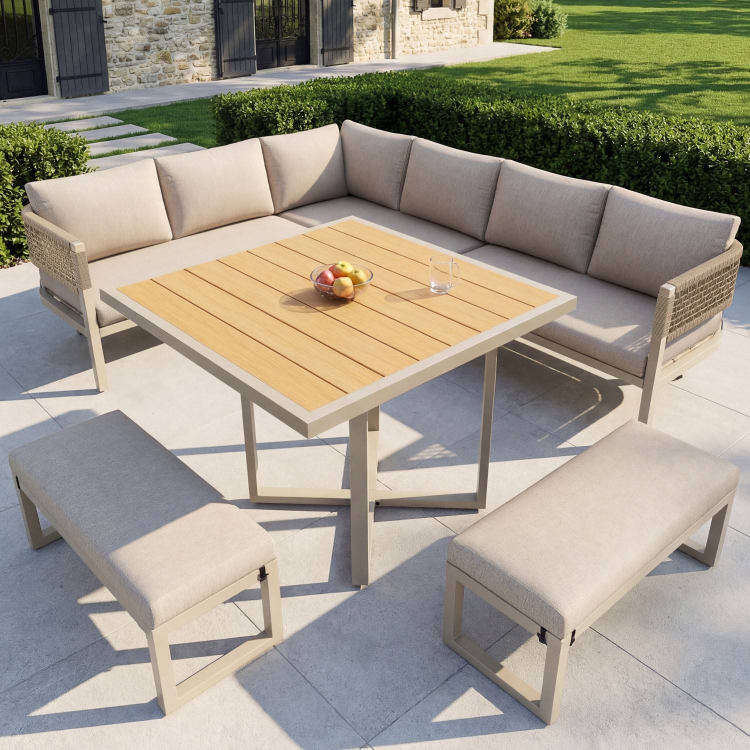 Ensemble de jardin pour 8 à 10 personnes, comprenant une grande table à manger en plastique et bois avec des détails en corde, beige - Image 3