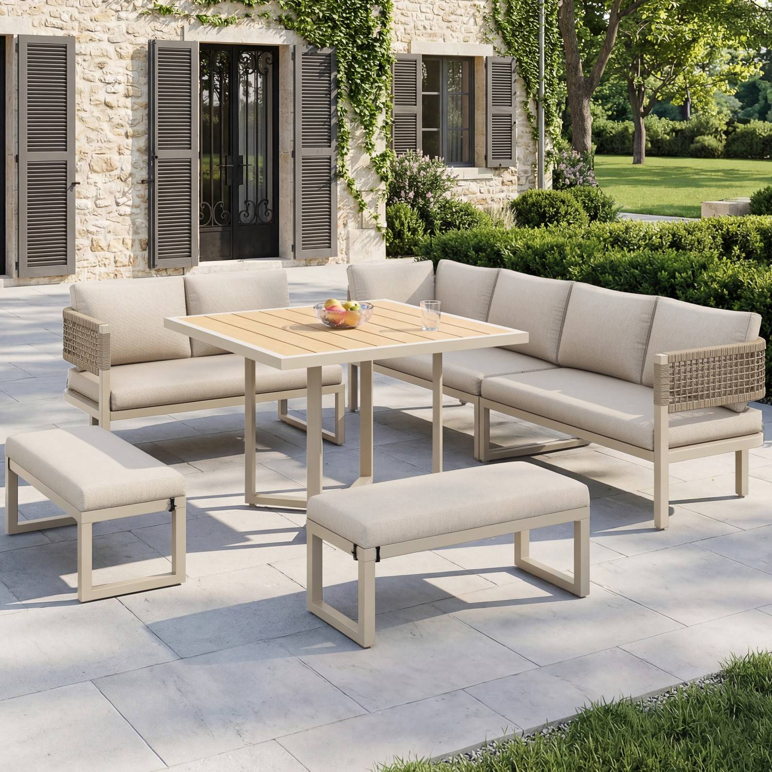 Ensemble de jardin pour 8 à 10 personnes, comprenant une grande table à manger en plastique et bois avec des détails en corde, beige - Image 1