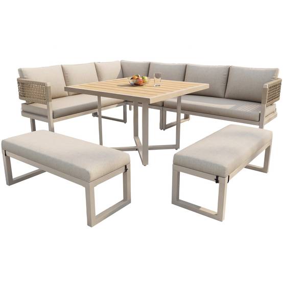 Ensemble de jardin pour 8 à 10 personnes, comprenant une grande table à manger en plastique et bois avec des détails en corde, beige - Image 7