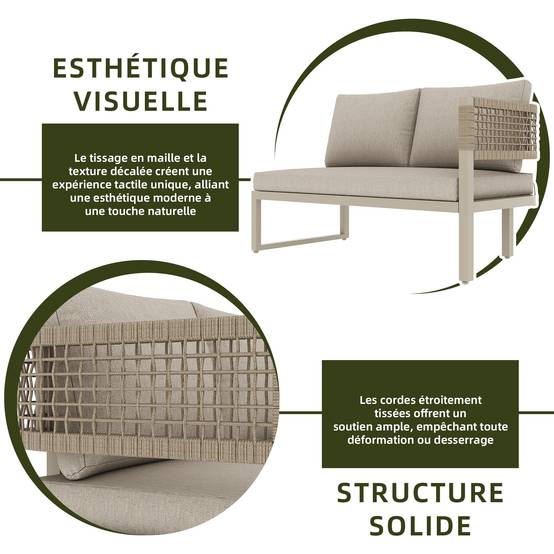 Ensemble de jardin pour 8 à 10 personnes, comprenant une grande table à manger en plastique et bois avec des détails en corde, beige - Image 9