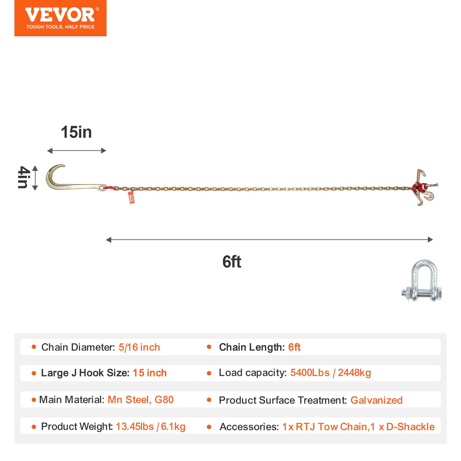 Vevor - Chaîne de remorquage VEVOR G80 8 mm x 180 cm, capacité 2 448 kg, crochet en J et accessoires, acier galvanisé, pour dépannage et transport. - Image 6