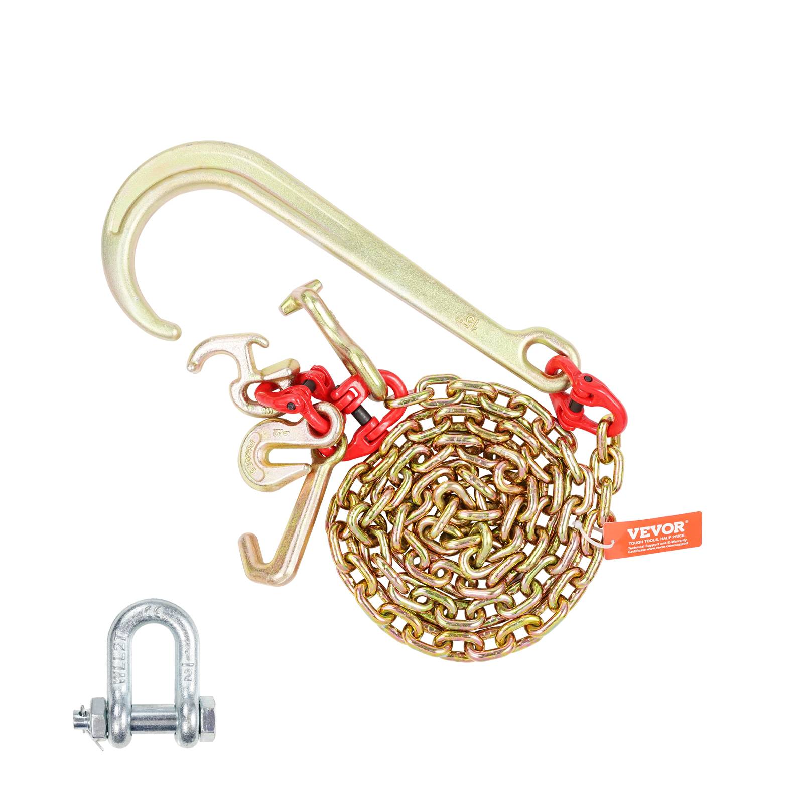 Vevor - Chaîne de remorquage VEVOR G80 8 mm x 180 cm, capacité 2 448 kg, crochet en J et accessoires, acier galvanisé, pour dépannage et transport. - Image 1