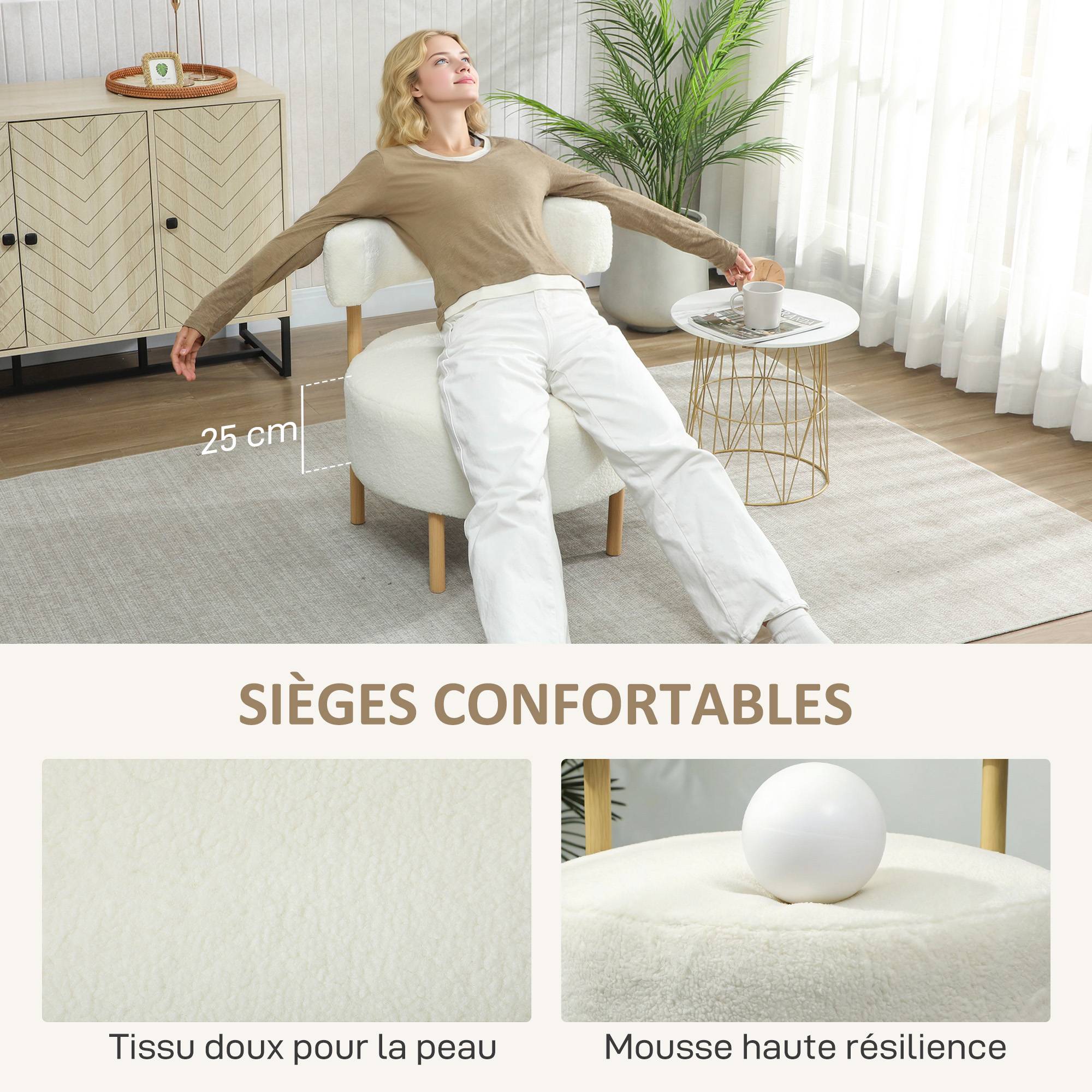 Canapé 1 place en tissu bouclette, fauteuil de salon rembourré avec dossier incurvé, assise large, 67x67x71cm, crème - Image 6