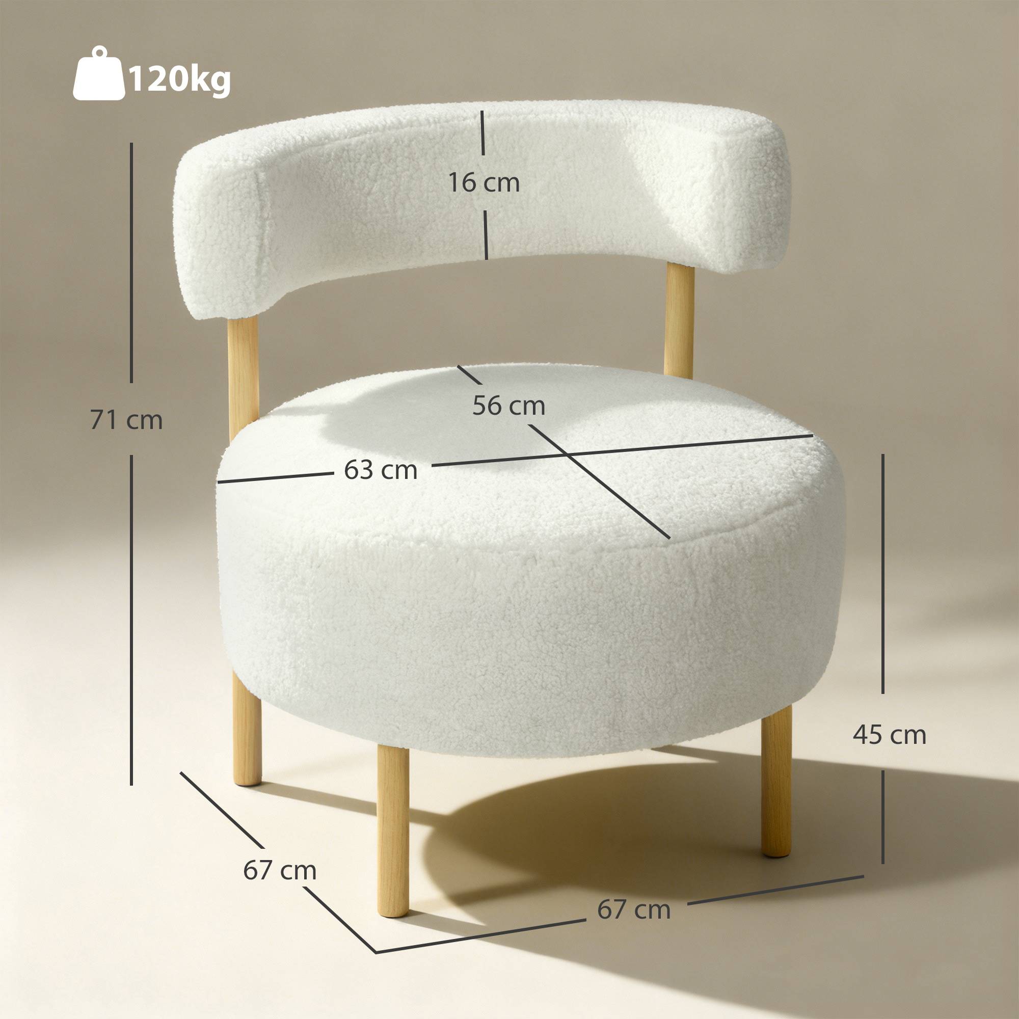 Canapé 1 place en tissu bouclette, fauteuil de salon rembourré avec dossier incurvé, assise large, 67x67x71cm, crème - Image 5