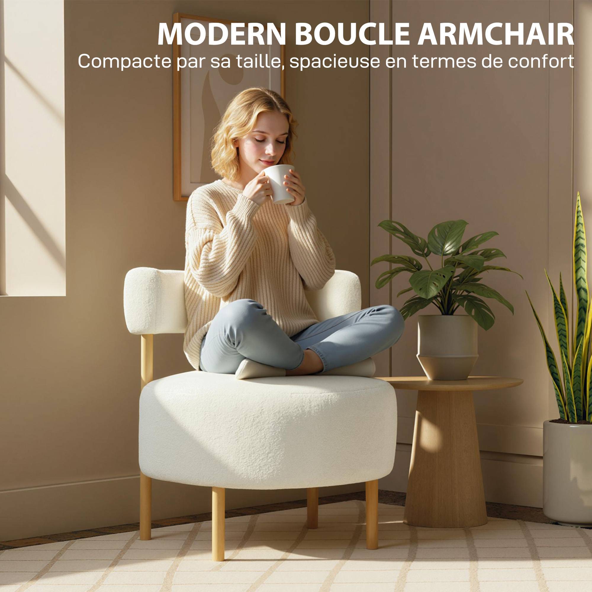 Canapé 1 place en tissu bouclette, fauteuil de salon rembourré avec dossier incurvé, assise large, 67x67x71cm, crème - Image 10