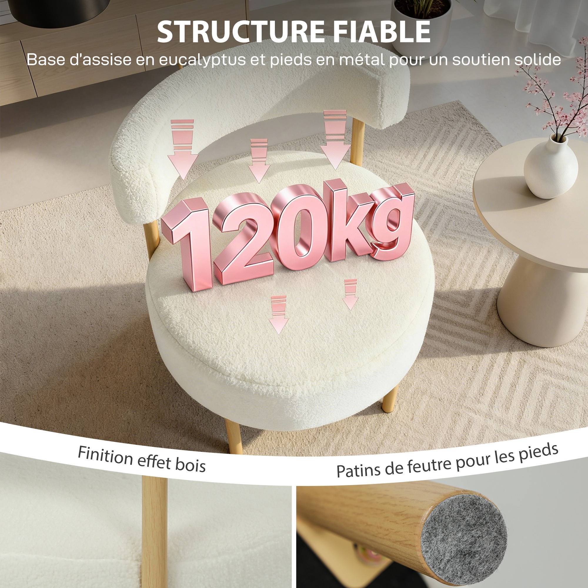Canapé 1 place en tissu bouclette, fauteuil de salon rembourré avec dossier incurvé, assise large, 67x67x71cm, crème - Image 9