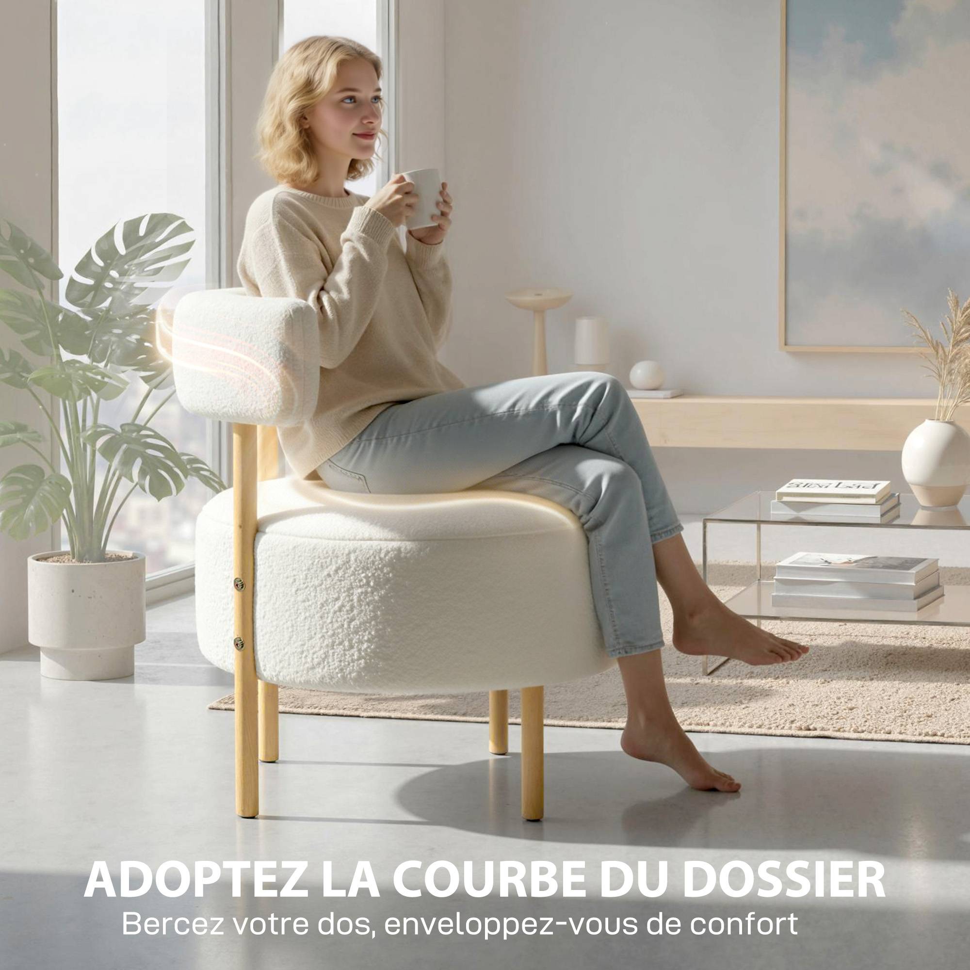 Canapé 1 place en tissu bouclette, fauteuil de salon rembourré avec dossier incurvé, assise large, 67x67x71cm, crème - Image 7