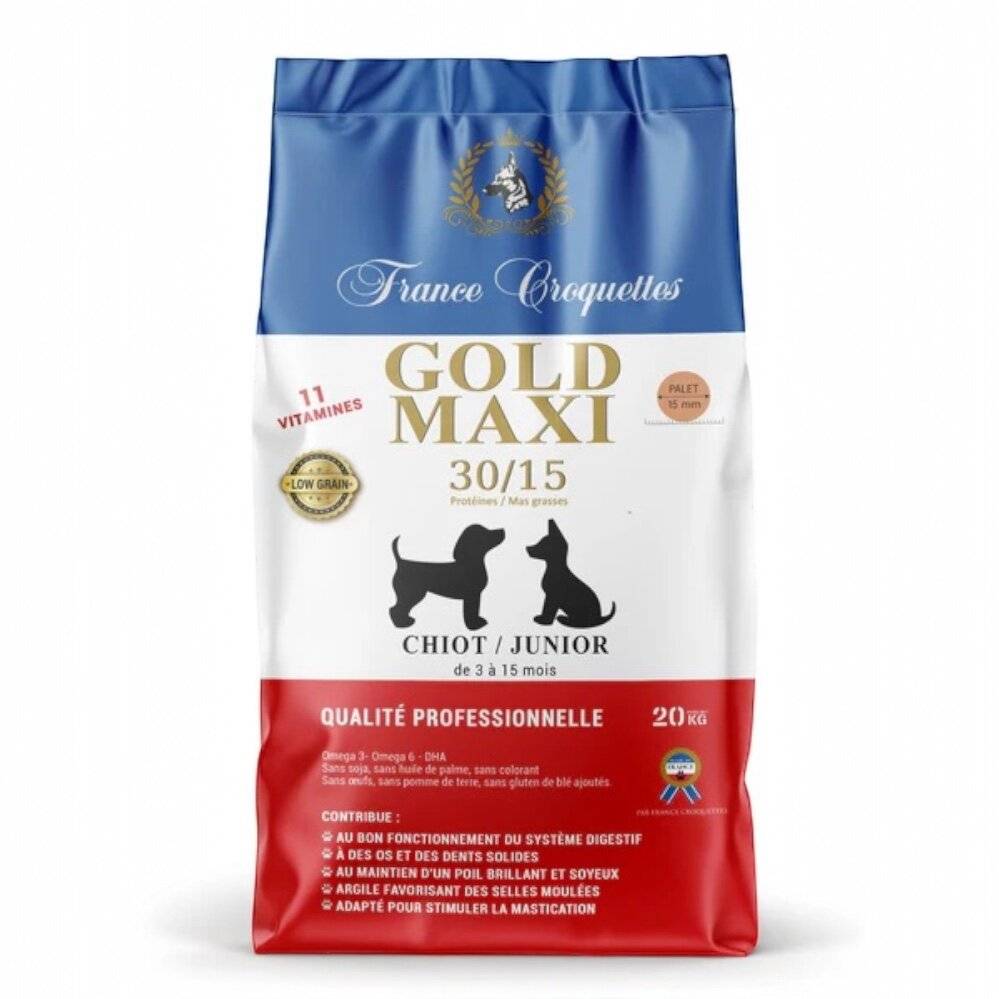 france croquette pour chiot gold maxi chiot junior 30/15 low grain – 1,5kg – petites à moyennes races - chiot 3 à 15 mois – haute finition