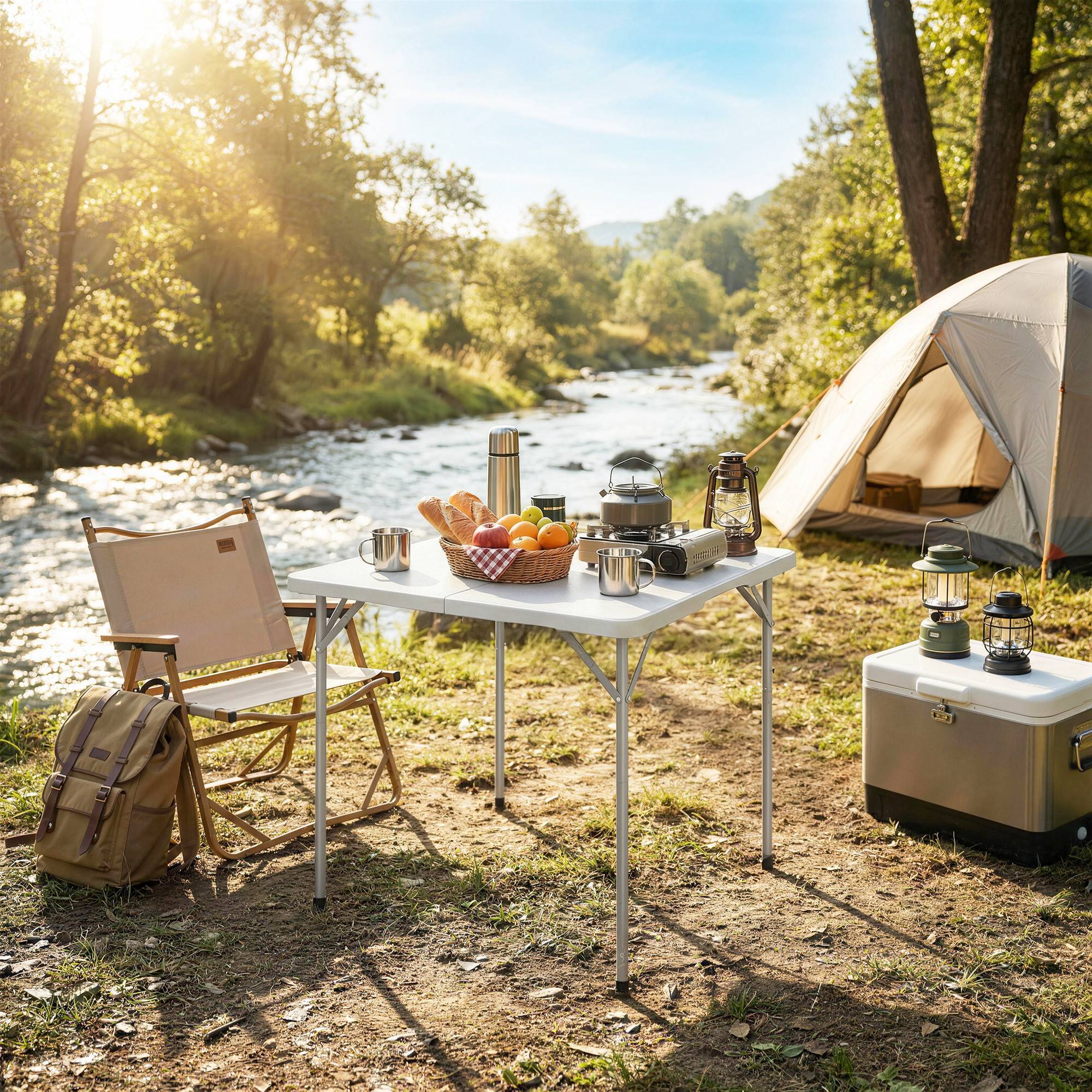 Table pliante en HDPE, table de camping pliante carrée 86 x 86 x 74 cm, avec une poignée, hauteur réglable, blanc - Image 10