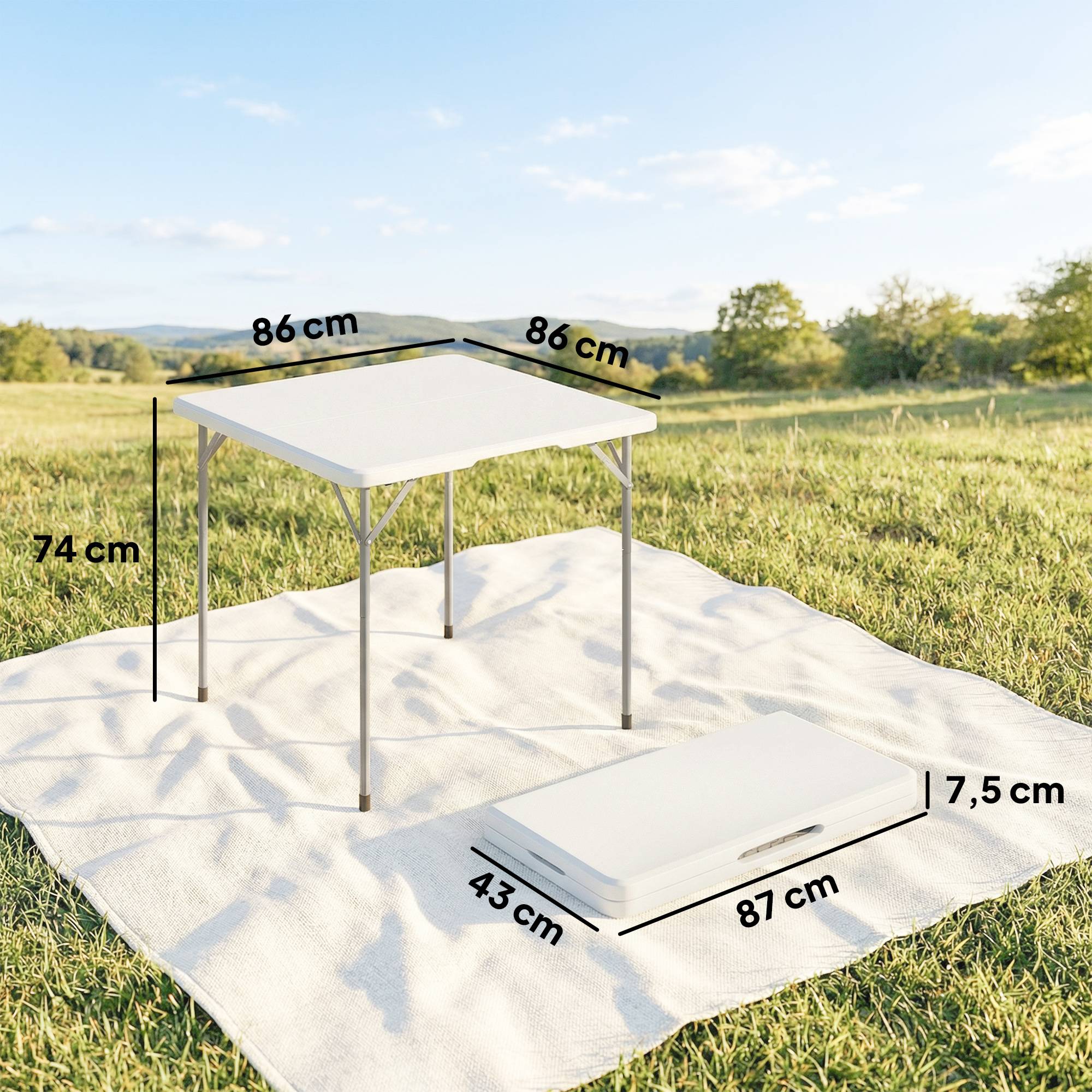 Table pliante en HDPE, table de camping pliante carrée 86 x 86 x 74 cm, avec une poignée, hauteur réglable, blanc - Image 5