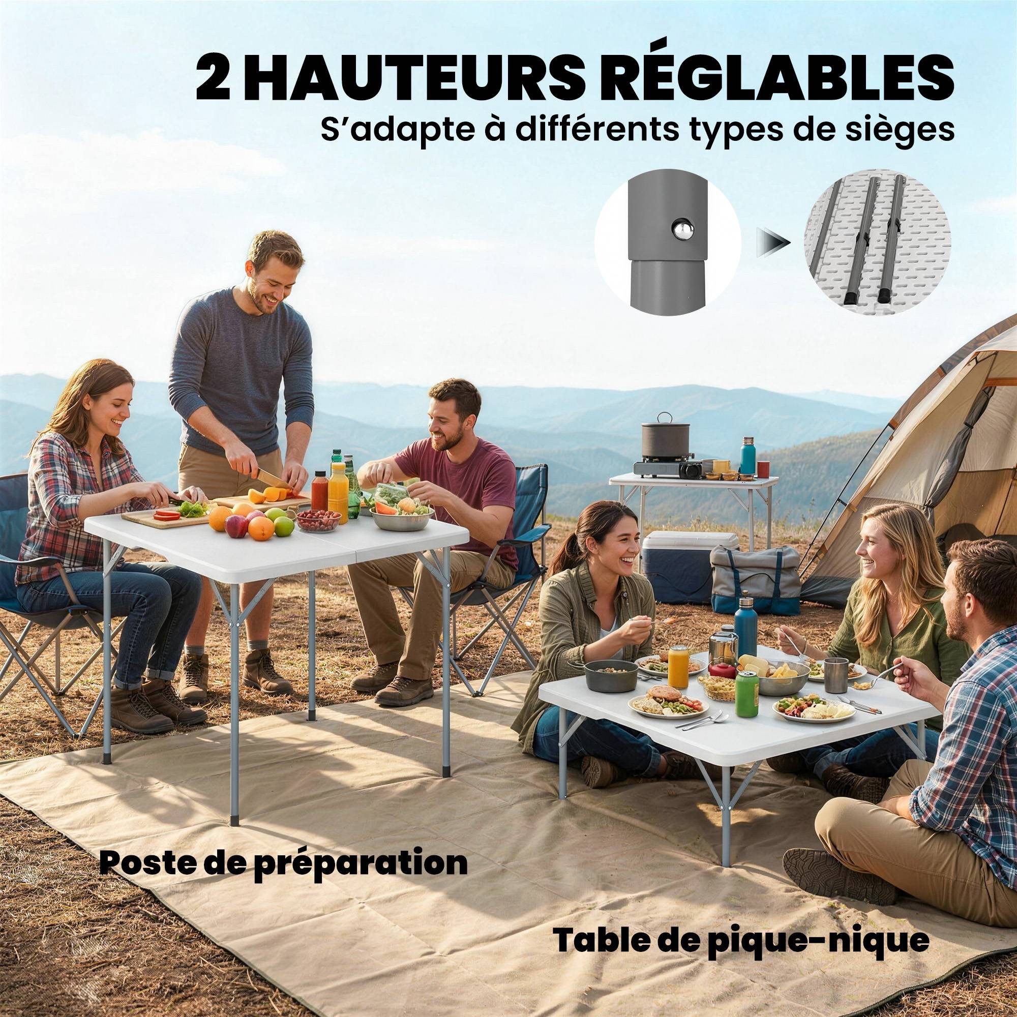 Table pliante en HDPE, table de camping pliante carrée 86 x 86 x 74 cm, avec une poignée, hauteur réglable, blanc - Image 8