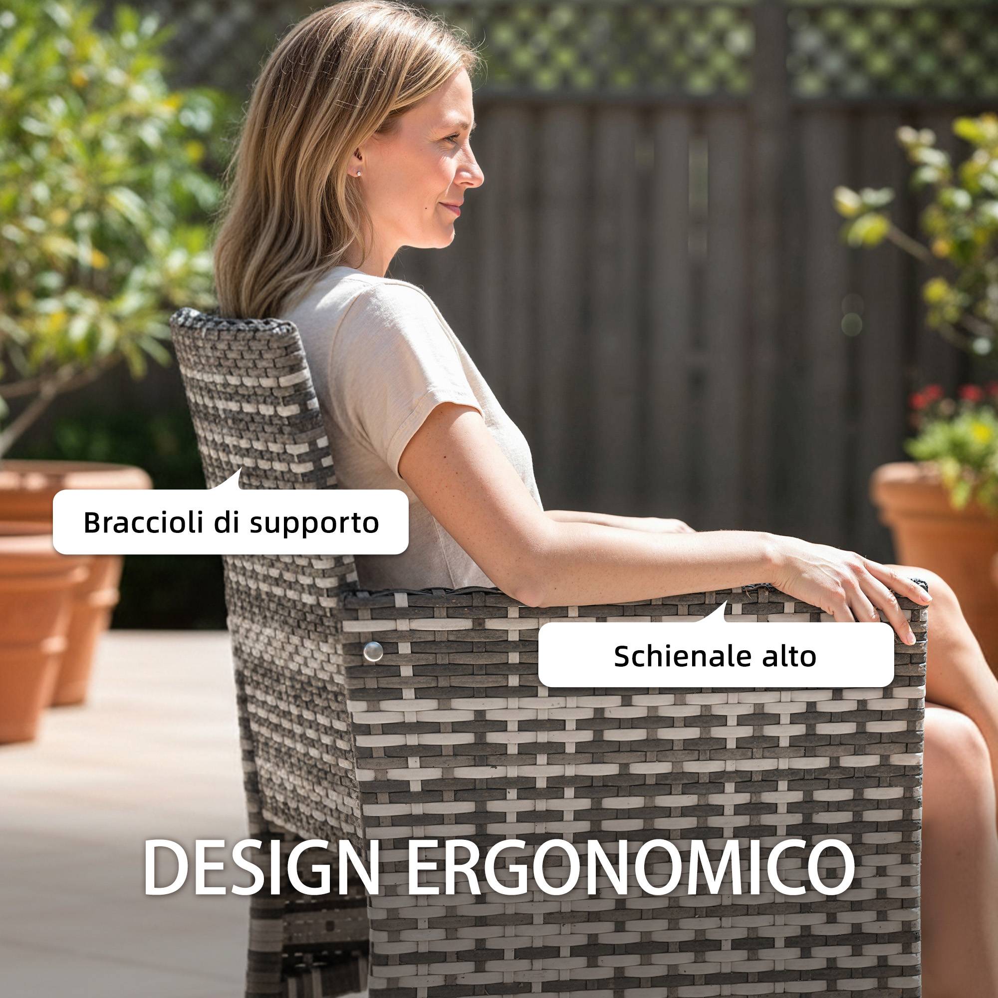 Ensemble 2 chaises jardin rotin et acier avec coussins, accoudoirs, dossier haut, gris - Image 7