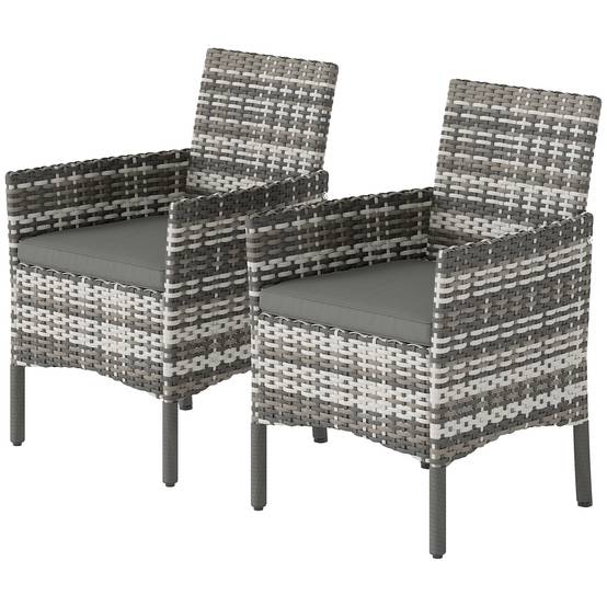Ensemble 2 chaises jardin rotin et acier avec coussins, accoudoirs, dossier haut, gris - Image 2