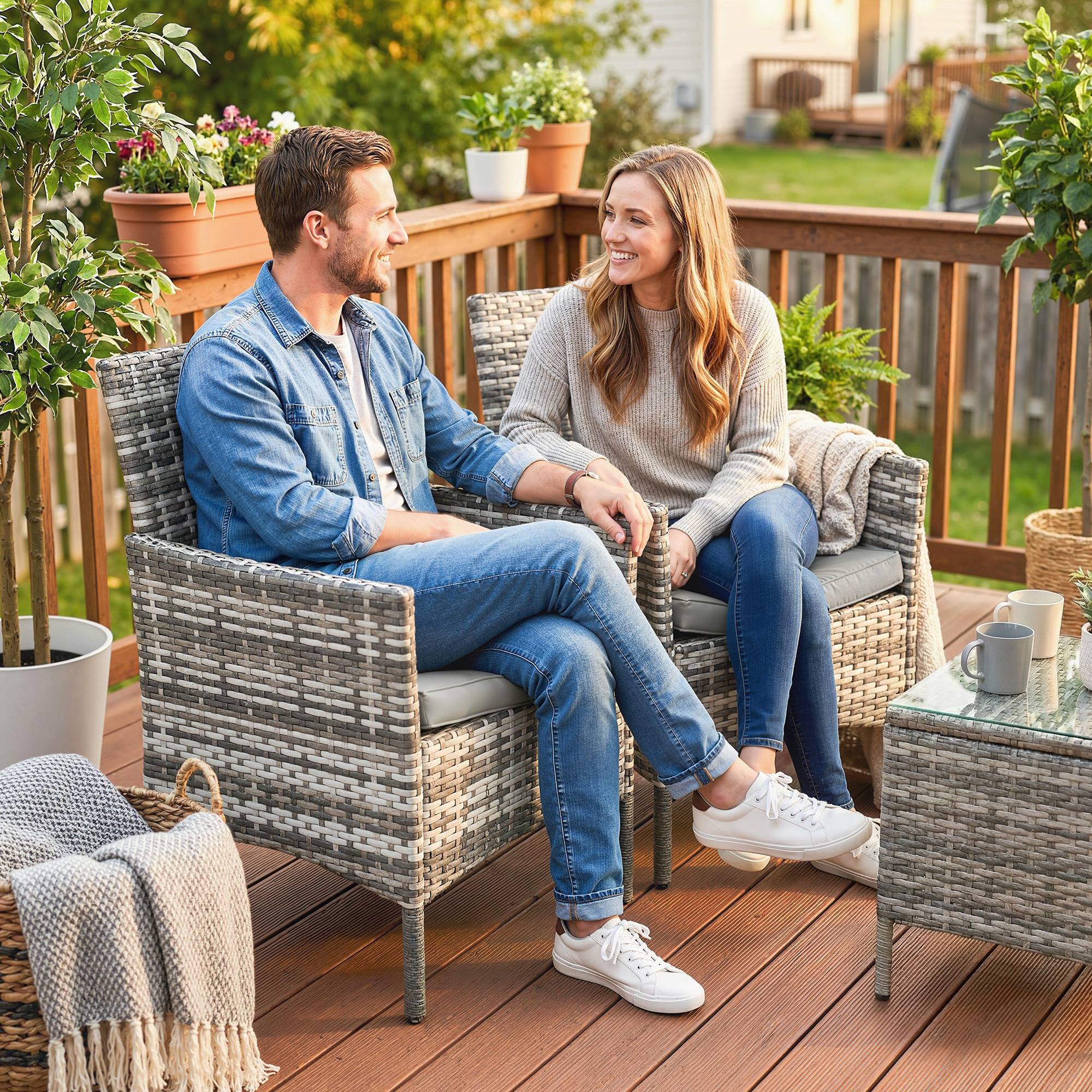Ensemble 2 chaises jardin rotin et acier avec coussins, accoudoirs, dossier haut, gris - Image 4