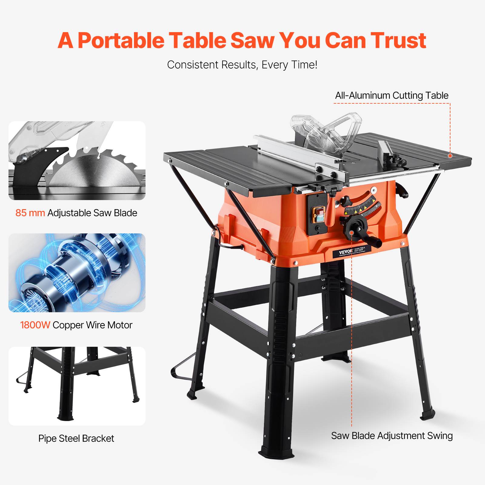 Vevor - VEVOR Scie circulaire sur table 254 mm avec support compacte portable 1800W, capacité max 200 mm. - Image 6