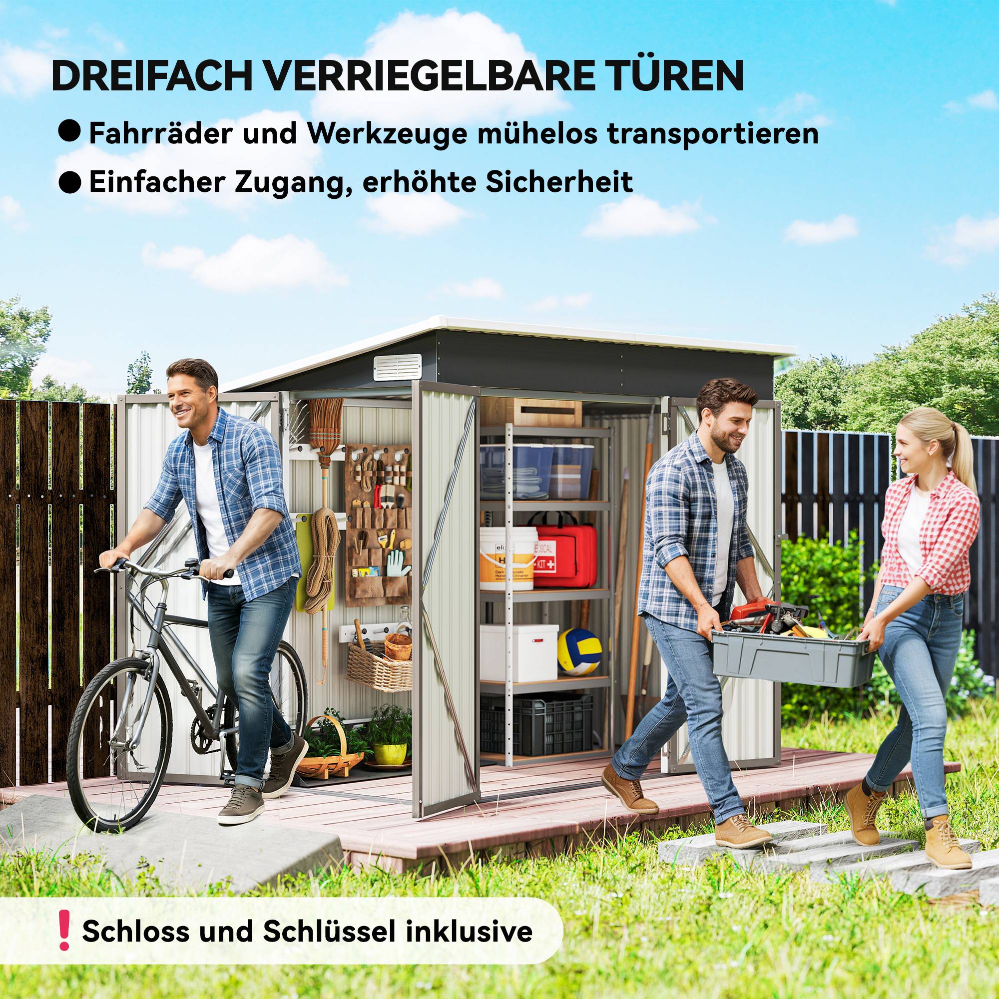 ComfortXL - Abri de jardin acier galvanisé 234 x 132 x 185 cm gris clair 3 portes verrouillables avec ventilation - Image 4